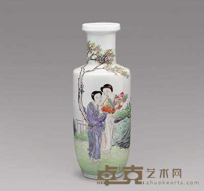 清光绪 粉彩桃花仕女棒槌瓶 高34.5cm；口径8.5cm